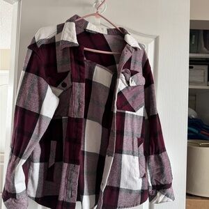 Plaid Button Down Shirt - Burgundy and White